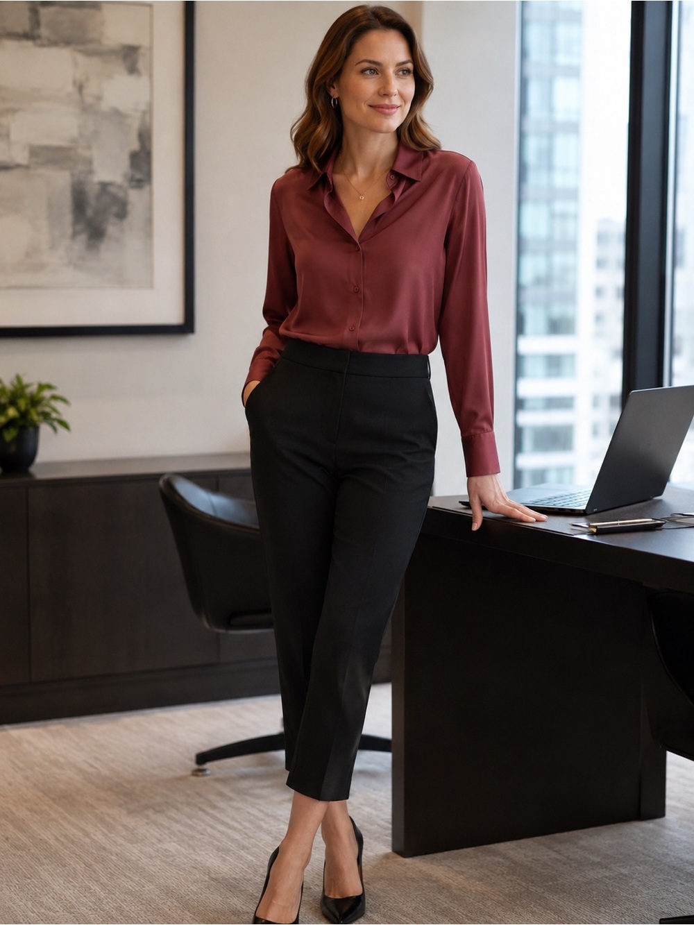 Womens Burgandy Button-Down Blouse with silky feel
